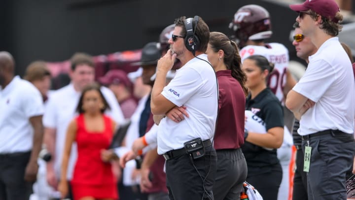 Aug 31, 2024; Nashville, Tennessee, USA;  Virginia Tech Hokies head coach Brent Pry looks on against the Vanderbilt Commodores during the first half at FirstBank Stadium. Mandatory Credit: Steve Roberts-USA TODAY Sports