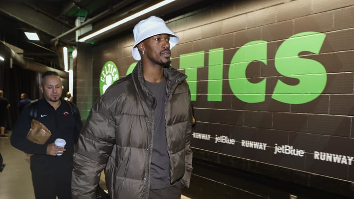 Oct 27, 2023; Boston, Massachusetts, USA; Miami Heat forward Jimmy Butler (22) arrives before their game against the Boston Celtics at TD Garden. Mandatory Credit: Winslow Townson-USA TODAY Sports