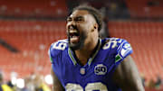 Nov 2, 2025; Landover, Maryland, USA;  Seattle Seahawks defensive end Leonard Williams (99) reacts to the win against the Washington Commanders at Northwest Stadium. Mandatory Credit: Geoff Burke-Imagn Images