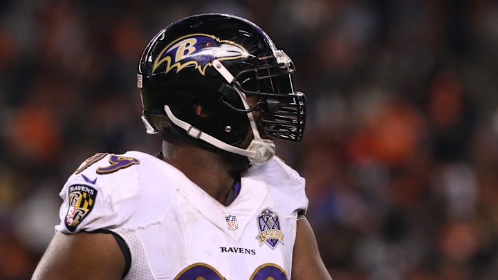Nov 30, 2015; Cleveland, OH, USA; Baltimore Ravens defensive end Chris Canty (99) against the Cleveland Browns at FirstEnergy Stadium. The Ravens won 33-27. Mandatory Credit: Aaron Doster-Imagn Images