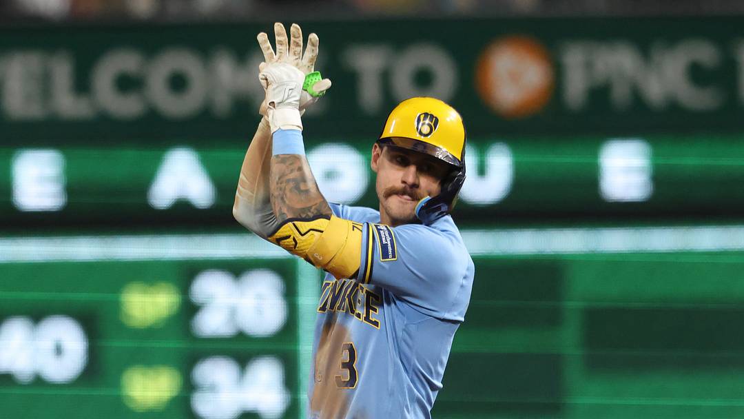 Sep 15, 2026; Pittsburgh, Pennsylvania, USA;  Milwaukee Brewers shortstop Joey Ortiz (3) reacts at second base with a double against the Pittsburgh Pirates during the eighth inning at PNC Park.  Mandatory Credit: Charles LeClaire-Imagn Images