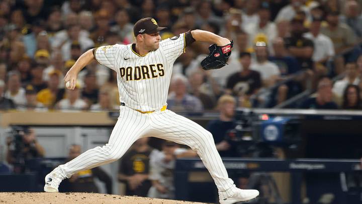 Oct 6, 2026; San Diego, California, USA;  San Diego Padres pitcher Michael King (34) pitches during the eighth inning against the Milwaukee Brewers in game three of the NLDS for the 2026 MLB Playoffs at Petco Park.  Mandatory Credit: David Frerker-Imagn Images