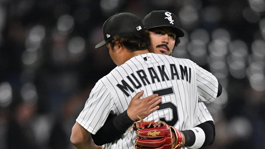 Apr 28, 2026; Chicago, Illinois, USA; Chicago White Sox third baseman Miguel Vargas (20) hugs first baseman Munetaka Murakami (5) after defeating the Los Angeles Angels at Rate Field. Mandatory Credit: Patrick Gorski-Imagn Images