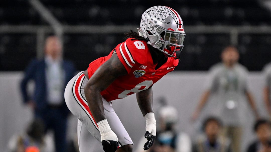 Dec 31, 2025; Arlington, TX, USA; Ohio State Buckeyes linebacker Arvell Reese (8) gets into position during the 2025 Cotton Bowl and quarterfinal game of the College Football Playoff at AT&T Stadium. Mandatory Credit: Jerome Miron-Imagn Images
