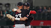 Sep 23, 2025; Arlington, Texas, USA; Minnesota Twins third baseman Royce Lewis (23) and second baseman Kody Clemens (18) hug following a game against the Texas Rangers at Globe Life Field. Mandatory Credit: Raymond Carlin III-Imagn Images