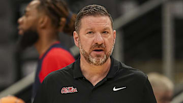 Mar 27, 2025; Atlanta, GA, USA; Mississippi Rebels head coach Chris Beard on the court during practice at State Farm Arena. Mandatory Credit: Dale Zanine-Imagn Images