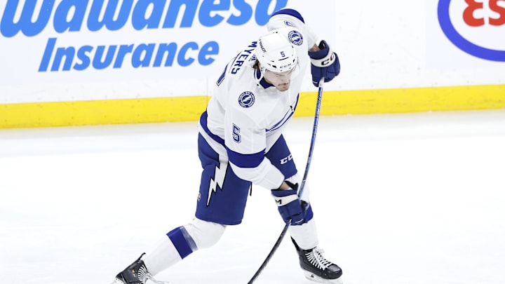 Jan 2, 2024; Winnipeg, Manitoba, CAN; Tampa Bay Lightning Philippe Myers (5) warms up before a game against the Winnipeg Jets at Canada Life Centre. Mandatory Credit: James Carey Lauder-Imagn Images