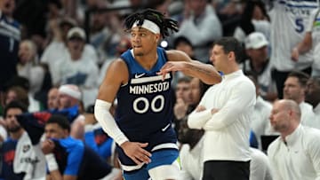 May 26, 2025; Minneapolis, Minnesota, USA; Minnesota Timberwolves guard Terrence Shannon Jr. (00) reacts against the Oklahoma City Thunder in the first half during game four of the western conference finals for the 2025 NBA Playoffs at Target Center. Mandatory Credit: Jesse Johnson-Imagn Images