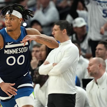 May 26, 2025; Minneapolis, Minnesota, USA; Minnesota Timberwolves guard Terrence Shannon Jr. (00) reacts against the Oklahoma City Thunder in the first half during game four of the western conference finals for the 2025 NBA Playoffs at Target Center.