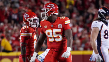 Oct 12, 2023; Kansas City, Missouri, USA; Kansas City Chiefs defensive tackle Chris Jones (95) celebrates after a sack against the Denver Broncos during the first half at GEHA Field at Arrowhead Stadium. Mandatory Credit: Denny Medley-USA TODAY Sports