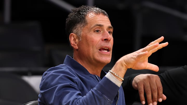 Mar 22, 2024; Los Angeles, California, USA; On the left Los Angeles Lakers general manager Rob Pelinka talks with head coach Darvin Ham (right) prior to the game against the Philadelphia 76ers at Crypto.com Arena. Mandatory Credit: Kiyoshi Mio-Imagn Images