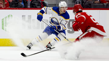 Mar 16, 2024; Detroit, Michigan, USA;  Buffalo Sabres right wing JJ Peterka (77) skates with the puck defended by Detroit Red Wings right wing Patrick Kane (88) in the first period at Little Caesars Arena. Mandatory Credit: Rick Osentoski-Imagn Images