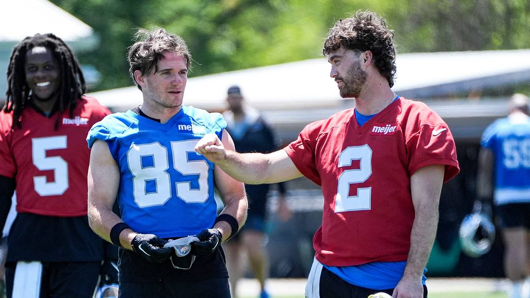 Detroit Lions wide receiver Tom Kennedy (85), left, talks to quarterback Luke Altmyer (2) after practice during OTAs at Meijer Performance Center in Allen Park on Friday, May 29, 2026.