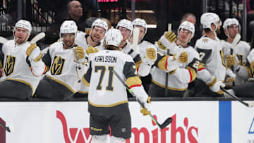 Nov 15, 2024; Salt Lake City, Utah, USA; Vegas Golden Knights center William Karlsson (71) reacts with the bench after scoring a goal against the Utah Hockey Club during the third period at Delta Center. Mandatory Credit: Rob Gray-Imagn Images