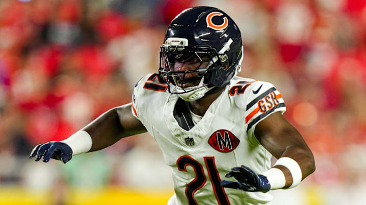 Aug 22, 2025; Kansas City, Missouri, USA; Chicago Bears safety Mark Perry (21) defends during the second half against the Kansas City Chiefs at GEHA Field at Arrowhead Stadium. Mandatory Credit: Jay Biggerstaff-Imagn Images