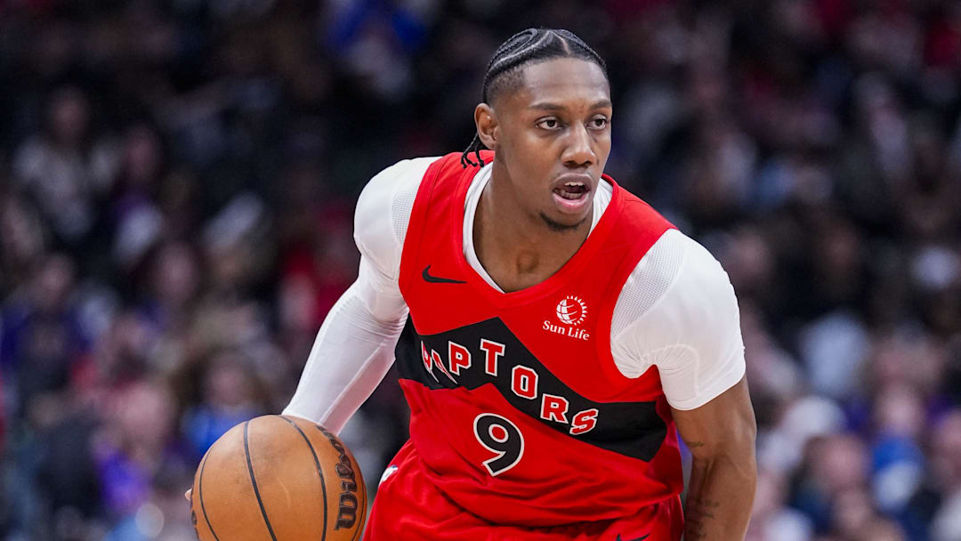 Apr 12, 2026; Toronto, Ontario, CAN; Toronto Raptors forward RJ Barrett (9) dribbles against the Brooklyn Nets during the second half at Scotiabank Arena. Mandatory Credit: Kevin Sousa-Imagn Images