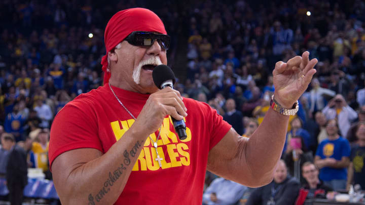 November 13, 2014; Oakland, CA, USA; WWE professional wrestler Hulk Hogan before the game between the Golden State Warriors and the Brooklyn Nets at Oracle Arena. 