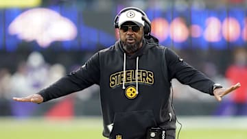 Dec 7, 2025; Baltimore, Maryland, USA; Pittsburgh Steelers head coach Mike Tomlin reacts after a play against the Baltimore Ravens during the second half at M&T Bank Stadium. Mandatory Credit: Mitch Stringer-Imagn Images