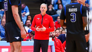 Head Coach Andy Enfield of the Southern Methodist Mustangs looks on during the second half of a basketball game against the North Carolina Tar Heels at Dean E. Smith Center on January 07, 2025 in Chapel Hill, North Carolina.