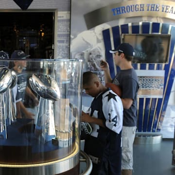 Vince Lombardi trophies on display at Dallas Cowboys training camp at River Ridge Field. 