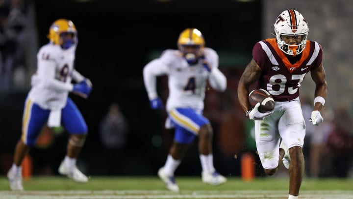 Sep 30, 2023; Blacksburg, Virginia, USA; Virginia Tech Hokies wide receiver Jaylin Lane (83) runs for a touchdown after a catch during the third quarter against the Pittsburgh Panthers at Lane Stadium. Mandatory Credit: Peter Casey-USA TODAY Sports