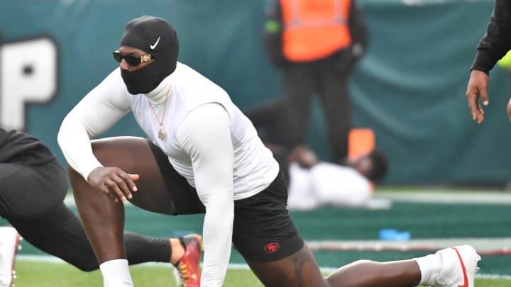 Dec 3, 2023; Philadelphia, Pennsylvania, USA; San Francisco 49ers defensive tackle Javon Kinlaw (99) against the Philadelphia Eagles during warmups at Lincoln Financial Field. Mandatory Credit: Eric Hartline-USA TODAY Sports