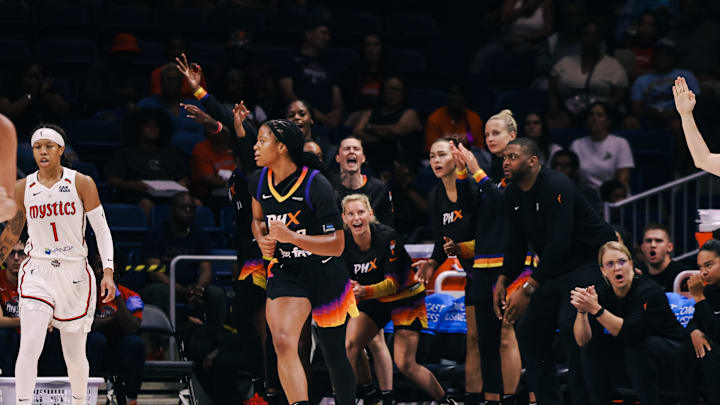 Jul 27, 2025; Washington, District of Columbia, USA; Phoenix Mercury reacts to a basket by Phoenix Mercury forward Satou Sabally (0) in the first quarter against the Washington Mystics at CareFirst Arena. Mandatory Credit: Emily Faith Morgan-Imagn Images Jul 27, 2025; Washington, District of Columbia, USA; Phoenix Mercury reacts to a basket by Phoenix Mercury forward Satou Sabally (0) in the first quarter against the Washington Mystics at CareFirst Arena. Mandatory Credit: Emily Faith Morgan-Imagn Images