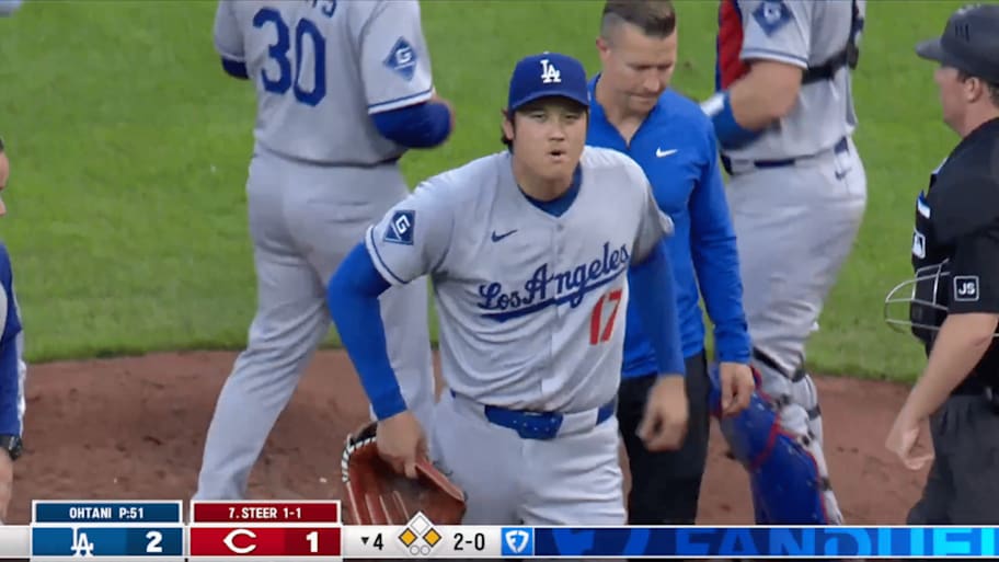 Shohei Ohtani exited the mound in the middle of an at-bat during his start Wednesday | Screengrab via FanDuel Sports Network