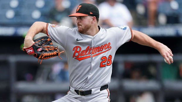 Baltimore Orioles starting pitcher Trevor Rogers (28) throws a pitch against the Tampa Bay Rays.
