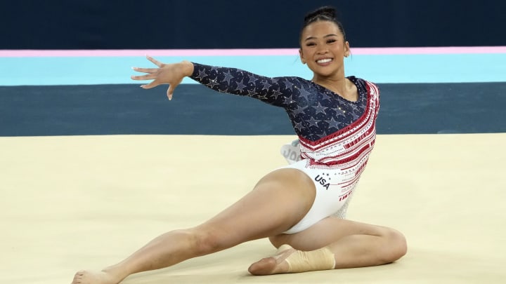 Jul 30, 2024; Paris, France; Sunisa Lee of the United States competes on the floor exercise during the women’s team final at the Paris 2024 Olympic Summer Games at Bercy Arena. Mandatory Credit: Jack Gruber-USA TODAY Sports