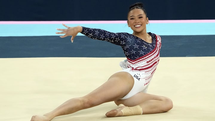 Sunisa Lee of the United States competes on the floor exercise during the women’s team final at the Paris 2024 Olympic Summer Games at Bercy Arena.