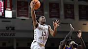 Mar 2, 2024; Chestnut Hill, Massachusetts, USA; Boston College Eagles guard Donald Hand Jr. (13) shoots a lay up against the Pittsburgh Panthers during the second half at Conte Forum. Mandatory Credit: Eric Canha-Imagn Images