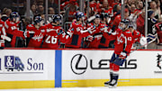 Dec 14, 2024; Washington, District of Columbia, USA; Washington Capitals right wing Tom Wilson (43) celebrates with teammates after scoring a goal against the Buffalo Sabres in the second period at Capital One Arena. Mandatory Credit: Geoff Burke-Imagn Images