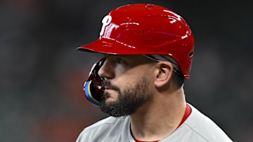 Jun 25, 2025; Houston, Texas, USA; Philadelphia Phillies left fielder Kyle Schwarber (12) looks on during the first inning against the Houston Astros at Daikin Park