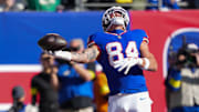 Nov 2, 2025; East Rutherford, New Jersey, USA; New York Giants tight end Theo Johnson (84) reacts after scoring a touchdown against the San Francisco 49ers during the first half at MetLife Stadium. Mandatory Credit: Robert Deutsch-Imagn Images