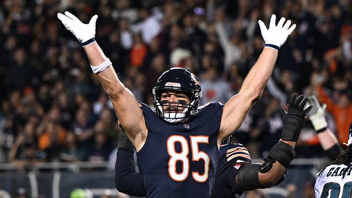 Sep 28, 2026; Chicago, Illinois, USA;  Chicago Bears tight end Cole Kmet (85) reacts during the second half against the Philadelphia Eagles at Soldier Field.  Mandatory Credit: Matt Marton-Imagn Images