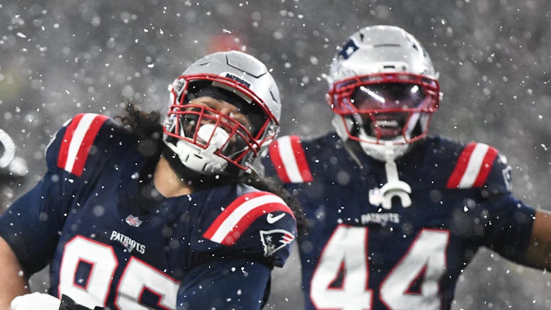 Jan 18, 2026; Foxborough, MA, USA; New England Patriots defensive lineman Khyiris Tonga (95) celebrates a sack in the fourth quarter against the New England Patriots in an AFC Divisional Round game at Gillette Stadium. Mandatory Credit: Brian Fluharty-Imagn Images
