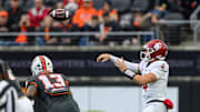 Nov 1, 2025; Corvallis, Oregon, USA; Washington State Cougars quarterback Zevi Eckhaus (4) throws a pass during the second quarter against the Oregon State Beavers at Reser Stadium. Mandatory Credit: Craig Strobeck-Imagn Images