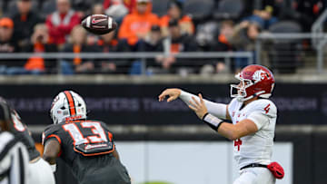 Nov 1, 2025; Corvallis, Oregon, USA; Washington State Cougars quarterback Zevi Eckhaus (4) throws a pass during the second quarter against the Oregon State Beavers at Reser Stadium. Mandatory Credit: Craig Strobeck-Imagn Images