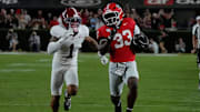 Georgia Bulldogs running back Chauncey Bowens (33) moves the ball during the first half of a NCAA college football game against Alabama in Athens, Ga., on Saturday, September 27, 2025.