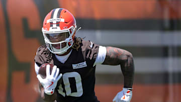 Cleveland Browns running back Quinshon Judkins runs during a Browns rookie minicamp drill at the team's training facility May 9, 2025, in Berea, Ohio.