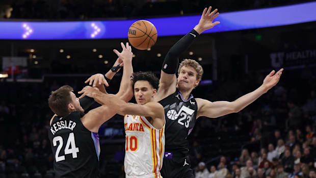 January 7, 2025; Salt Lake City, Utah, United States; Utah Jazz Center Walker Kessler (24) and striker Lauri Markkanen.