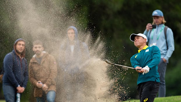 Karl Vilips plays during the Golf Men's Individual Stroke Play in the Youth Olympic Games at the Hurlingham Club.