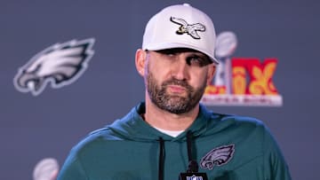 Feb 4, 2025; New Orleans, LA, USA; Philadelphia Eagles head coach Nick Sirianni speaks with the media during a press conference at Hilton New Orleans Riverside. Mandatory Credit: Bill Streicher-Imagn Images