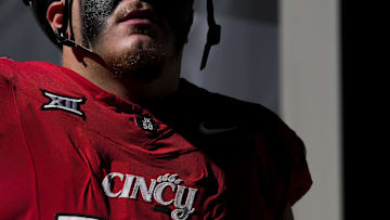 Oct 11, 2025; Cincinnati, Ohio, USA; The Cincinnati logo is seen on a player’s jersey before the game between the UCF Knights and the Cincinnati Bearcats at Nippert Stadium. Mandatory Credit: Aaron Doster-Imagn Images