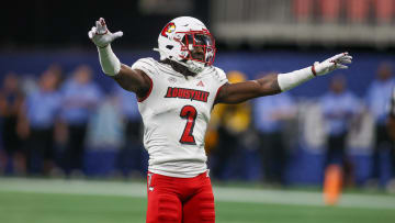 Sep 1, 2023; Atlanta, Georgia, USA; Louisville Cardinals defensive back Jarvis Brownlee Jr. (2) reacts after a stop against the Georgia Tech Yellow Jackets in the fourth quarter at Mercedes-Benz Stadium. Mandatory Credit: Brett Davis-USA TODAY Sports