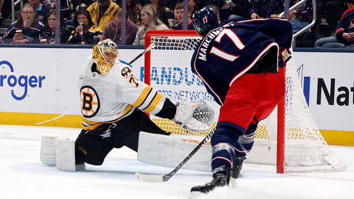 Apr 12, 2026; Columbus, Ohio, USA; Columbus Blue Jackets left wing Mason Marchment (17) scores a goal against Boston Bruins goalie Joonas Korpisalo (70) during the first period at Nationwide Arena. Mandatory Credit: Russell LaBounty-Imagn Images