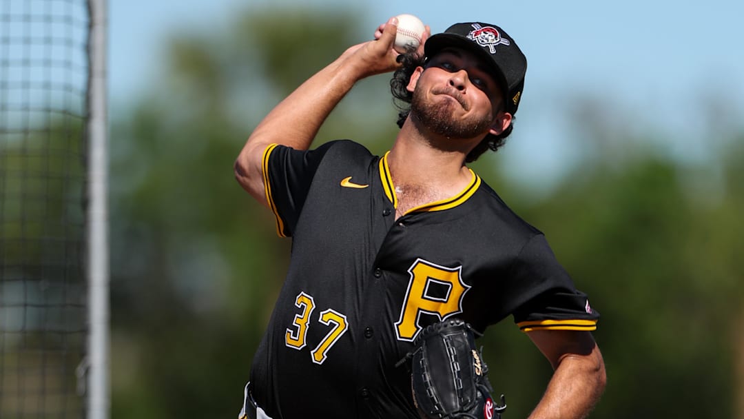 Feb 17, 2025; Bradenton, FL, USA;  Pittsburgh Pirates pitcher Jared Jones (37) participates in spring training workouts at Pirate City. Mandatory Credit: Nathan Ray Seebeck-Imagn Images