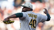 May 17, 2025; San Francisco, California, USA; Athletics starting pitcher Luis Severino (40) delivers a pitch against the San Francisco Giants during the second inning at Oracle Park. Mandatory Credit: D. Ross Cameron-Imagn Images