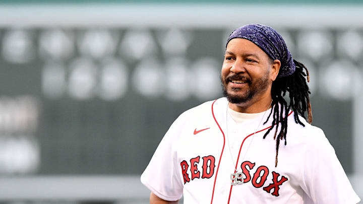 Manny Ramirez threw a ceremonial first pitch as part of the Red Sox Hall of Fame induction before a game against the Detroit Tigers at Fenway Park on June 20, 2022.